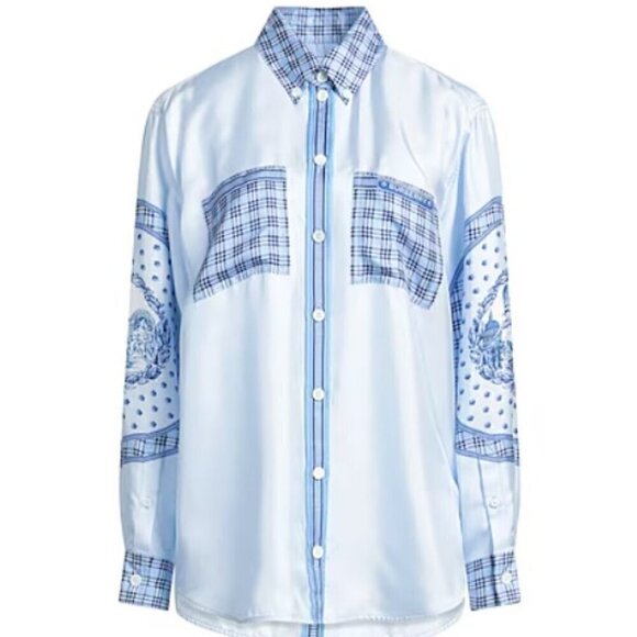 Burberry Sky Blue 100% Silk Print Logo Shirt Blouse Women's Size USA 6 UK 8 NWT - Picture 1 of 12